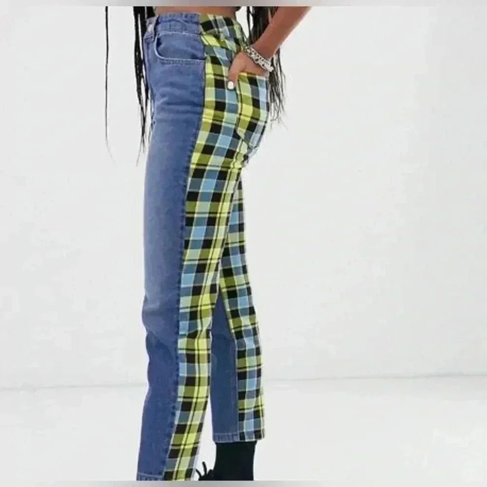 Reclaimed Vintage Jean With Yellow Blocked Checkered Print Size 26